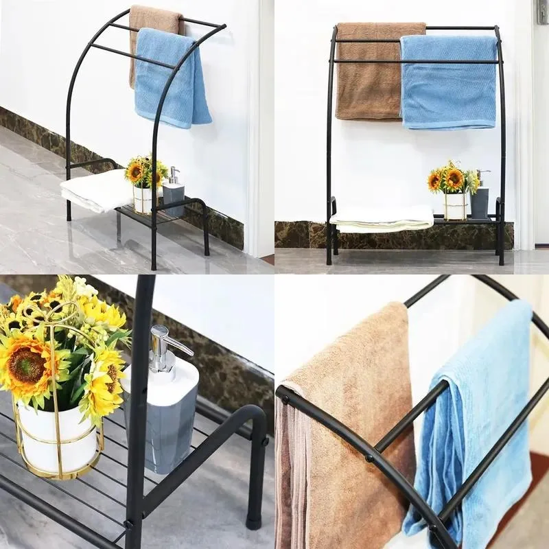 Three Layer Floor to Ceiling Bathroom Towel Storage Rack Iron Rod Hanger