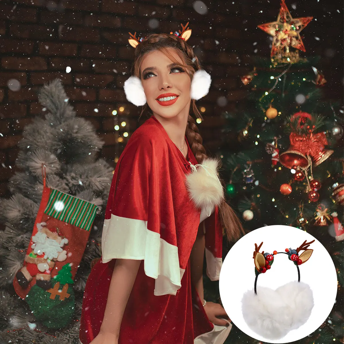 

Cat Ears Deer Antler Head Hoop Earmuffs Protection for Winter Headgear Warm Covers Warmers Fluff Elk Headdress Cartoon