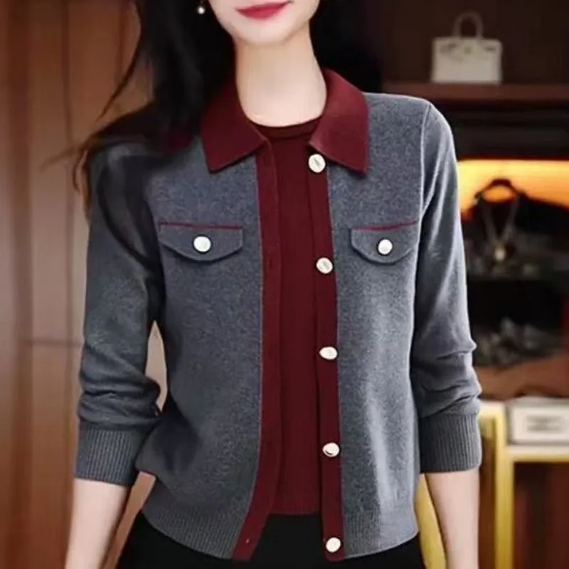 

Fake Two-piece Color-blocked Sweater for Women Fashion Spring Autumn Outer Wear POLO Lapel Loose Short Knitted Top