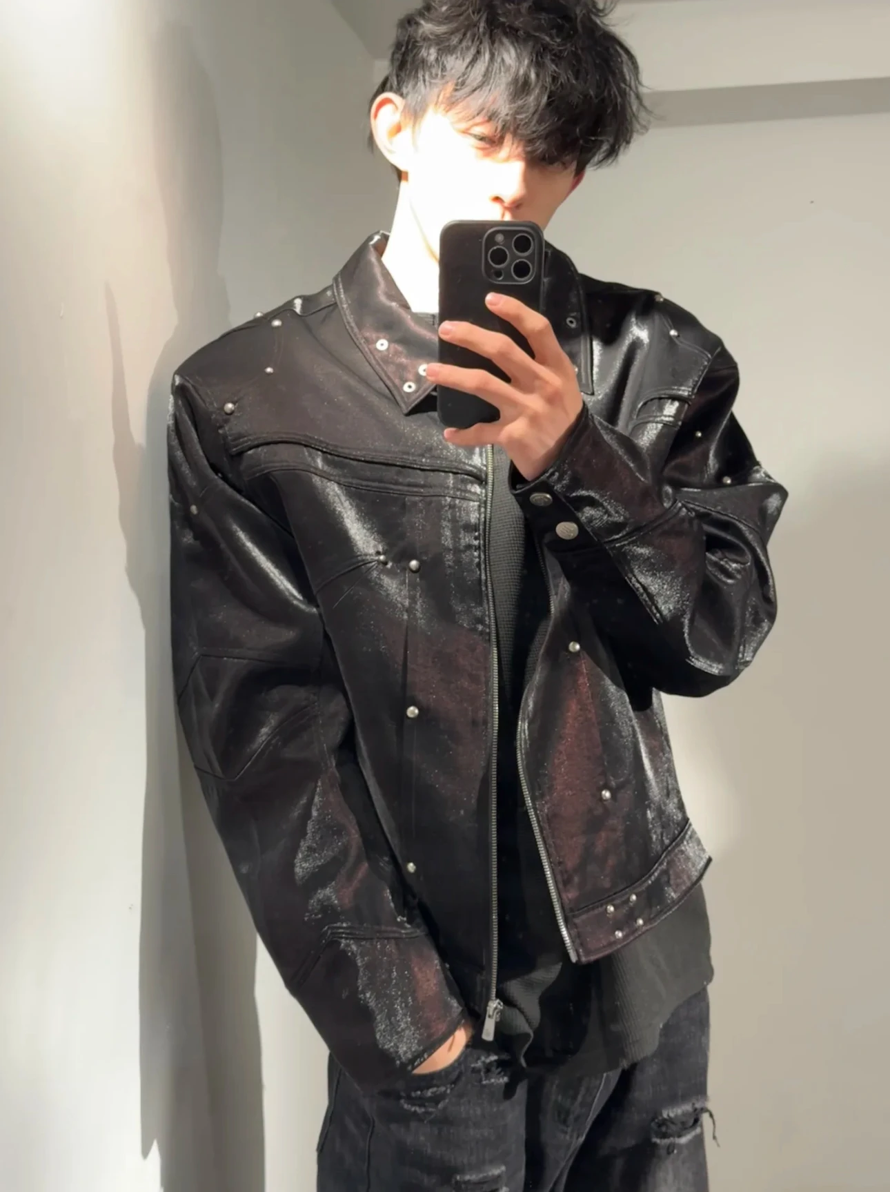 

Мужская и женская мотоциклетная куртка в стиле ретро, с металлическими заклепками, универсальная, из полиэстера, для весны и осени