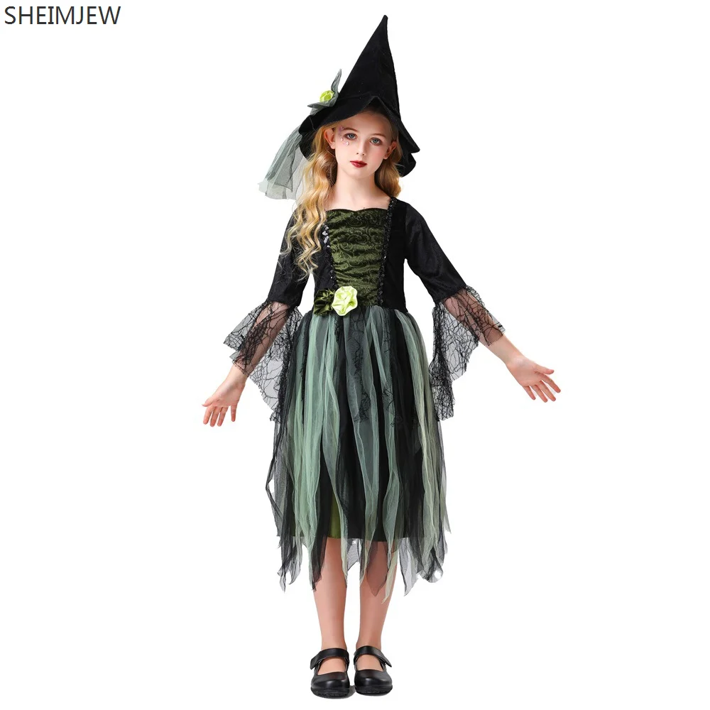 สาวแม่มดคอสเพลย์เครื่องแต่งกายหมวกแหลมฮาโลวีนเด็กเทพนิยายชุดปาร์ตี้สวมหน้ากากคาร์นิวัลเวทีแสดงแต่งตัว