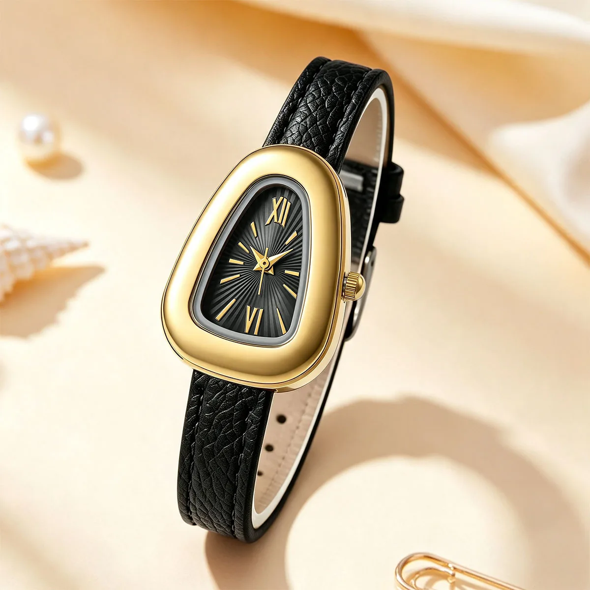 Irregular Oval Quartz Watches Roman Numerals Thin Leather Strap Luxury Gold Case Elegant Women Watches