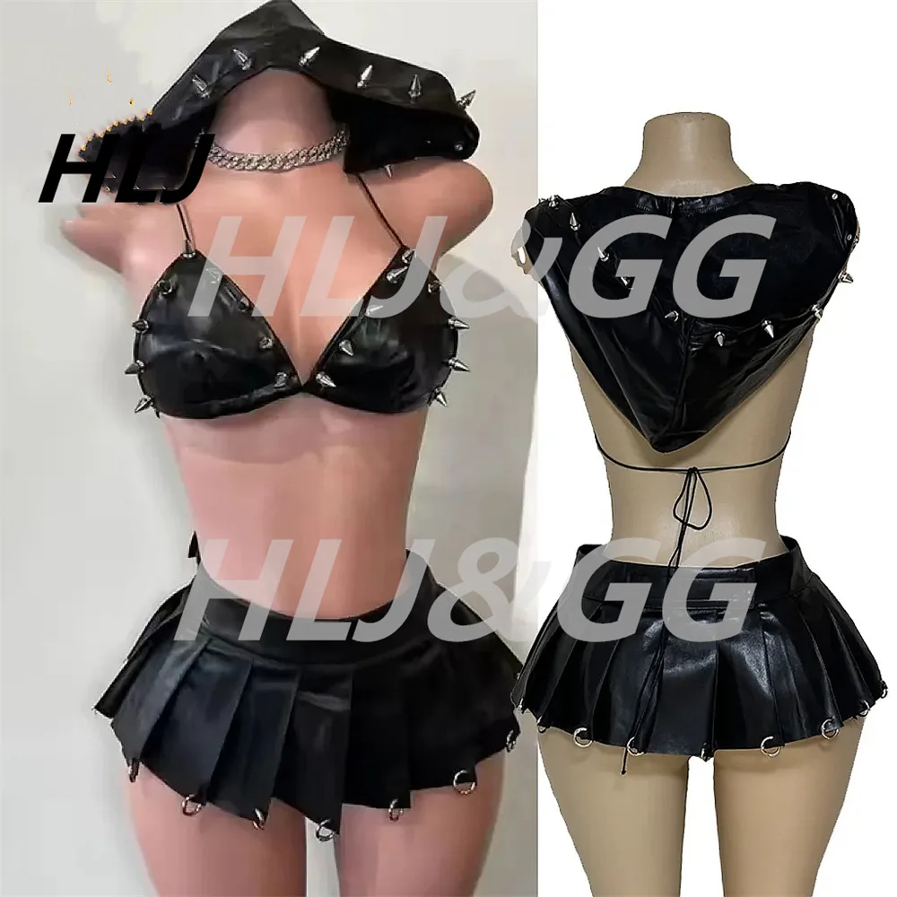 

HLJ Black Punk Sexy Leather Pleated Mini Skirts Two Piece Set Women Hooded Backless Lace Up Crop Top And Skirts Nightclub Outfit