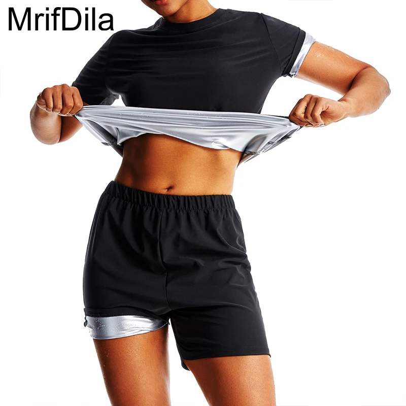 

MrifDila Sauna Shirt Women's Weight Loss Short Sleeve Waist Train Shirts Sauna Workout Fitness Gym Top Heat Trapping Body Shaper