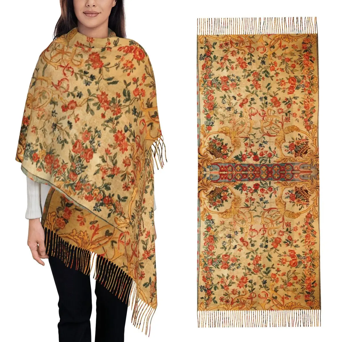 Rococo Style Luxury Floral Scarf Tassel Scarves for Women Soft Warm Shawls and Wraps Large Fall Winter Shawl Wrap
