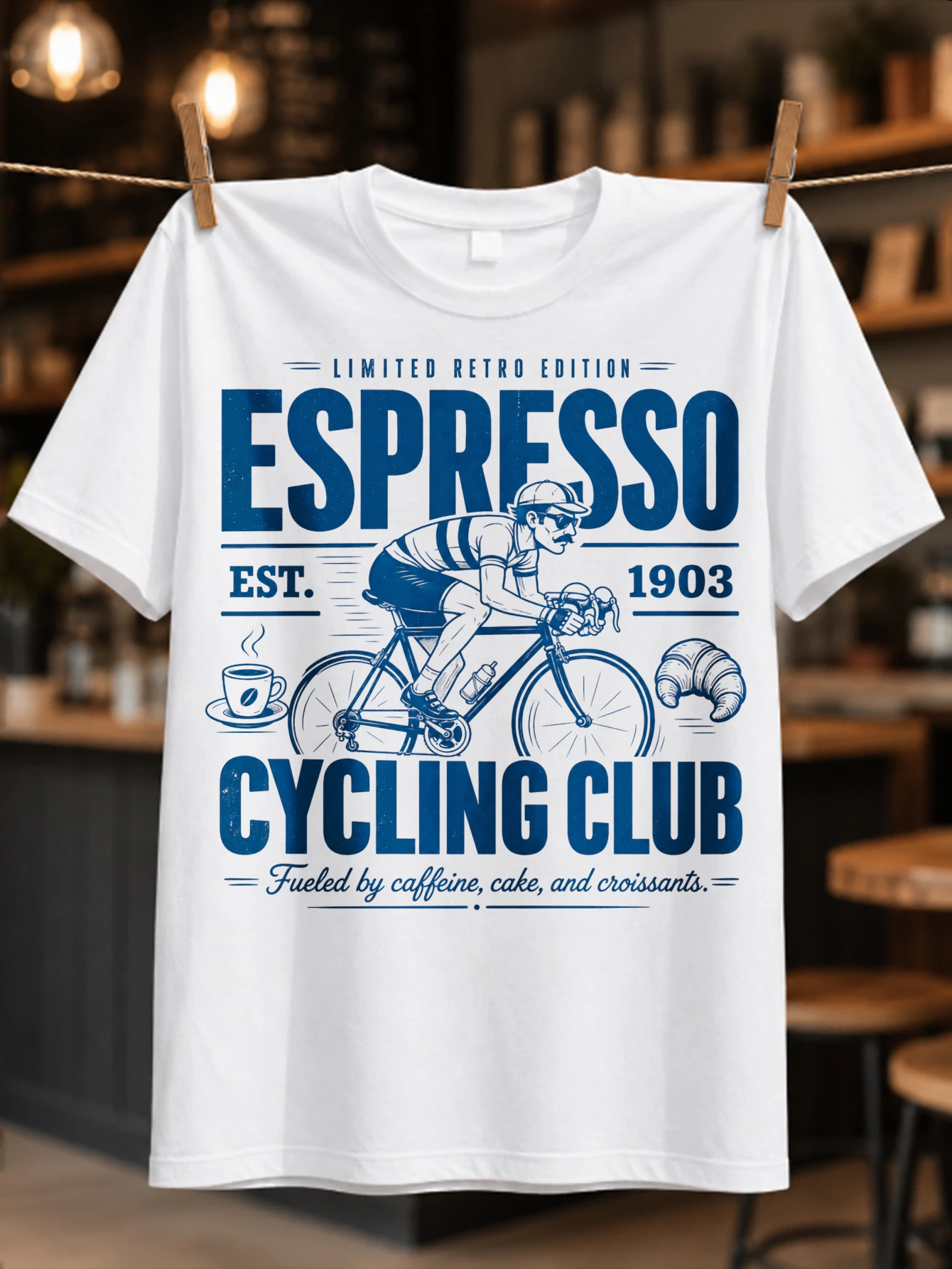 Espresso Cycling Club bold blue line cyclist drinking coffee with croissant and cafe icons retro  Unisex All T-Shirt