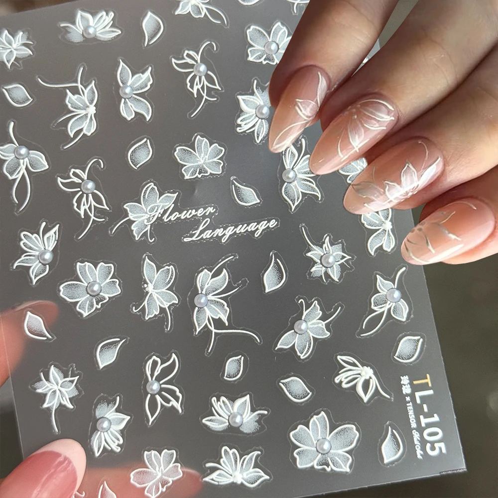 

1Pcs White 5D Pearl Lace Flower Nail Sticker Elegant Exquisite Camellia Floral Nail Decoration Decals DIY Adhesive Nails Slider*