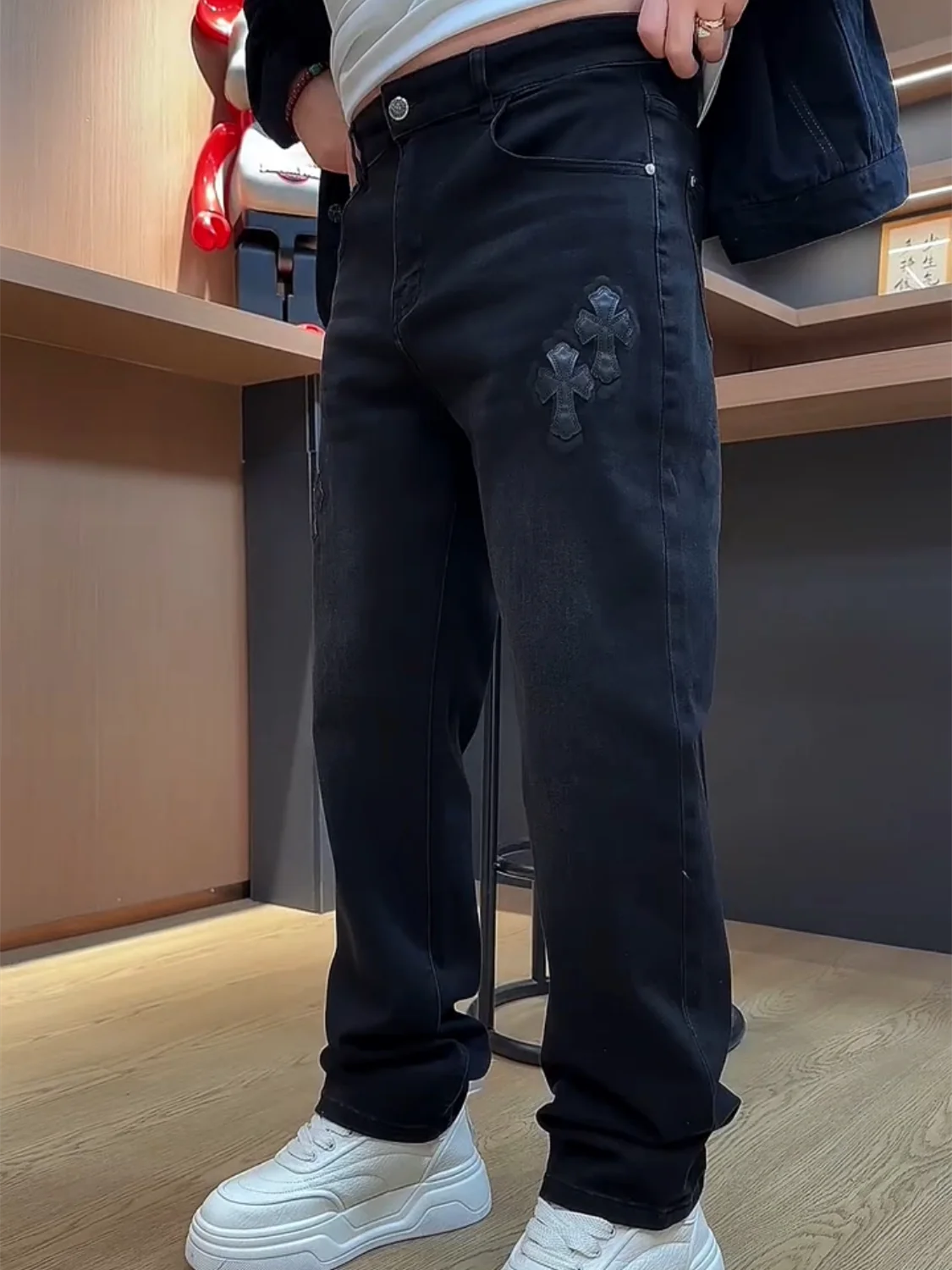 

Spring New Fashionable Men's Black Washed Leather Print Casual Straight Leg Jeans Cotton Polyester Blend Comfortable Fit