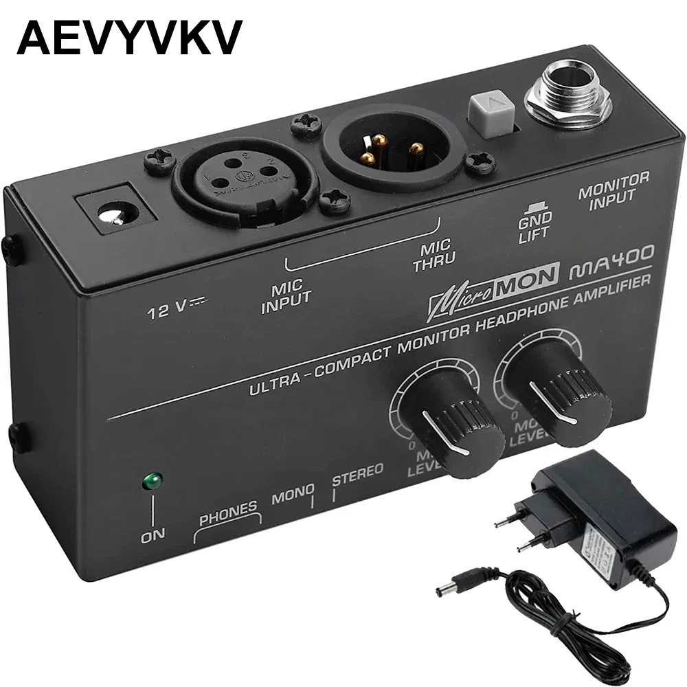 MA400 Ultra-Compact Monitor Headphone Amplifier 15Hz-25 kHz Bandwidth for XLR Microphone & Audio Signal with Volume Controls 12V