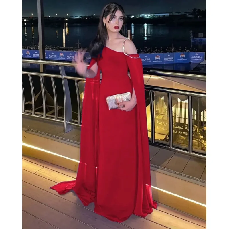 Indie Saudi Elegant Chiffon Prom Gown Women Red Beaded Party Evening Dress Floor Length Formal Occasion Dresses 2025 customized