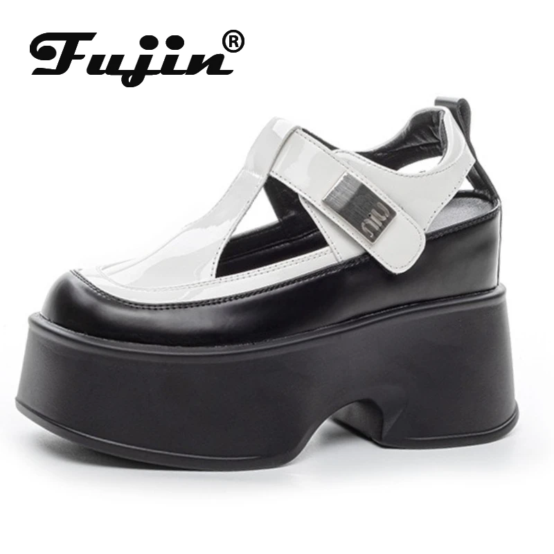 

FUJIN/женские роскошные летние модные туфли-лодочки из лакированной натуральной кожи 11 см, туфли на танкетке на массивном каблуке с крючками ROME, Мэри Джейн