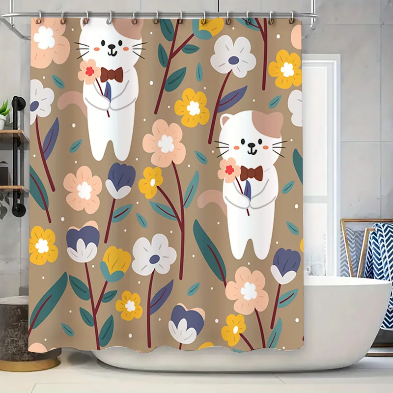 

Набор занавесок для душа с милым котом и цветочным принтом для декора ванной комнаты, нейтральные тона, сделано в Китае (180x240 см)