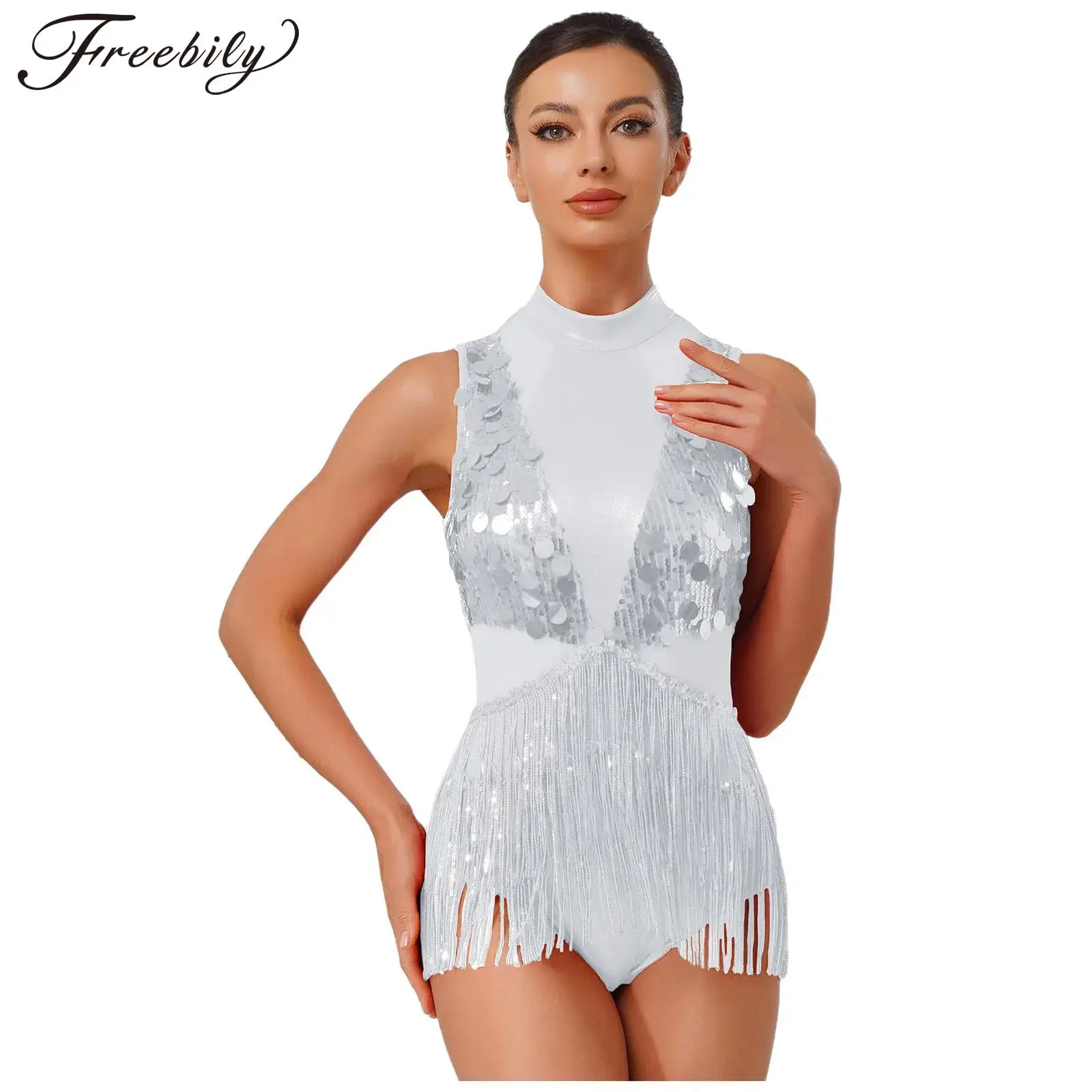 

Женский купальник для латинских танцев чача с металлическими блестками и кисточками, боди для фигурного катания, костюм для выступления на сцене