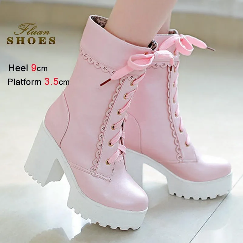 

Fashion Sweet Ankle Boots 9CM Super High Heels Women Boots Waterproof Platform Thick Soled Short Boots Autumn Winter Lady Shoes
