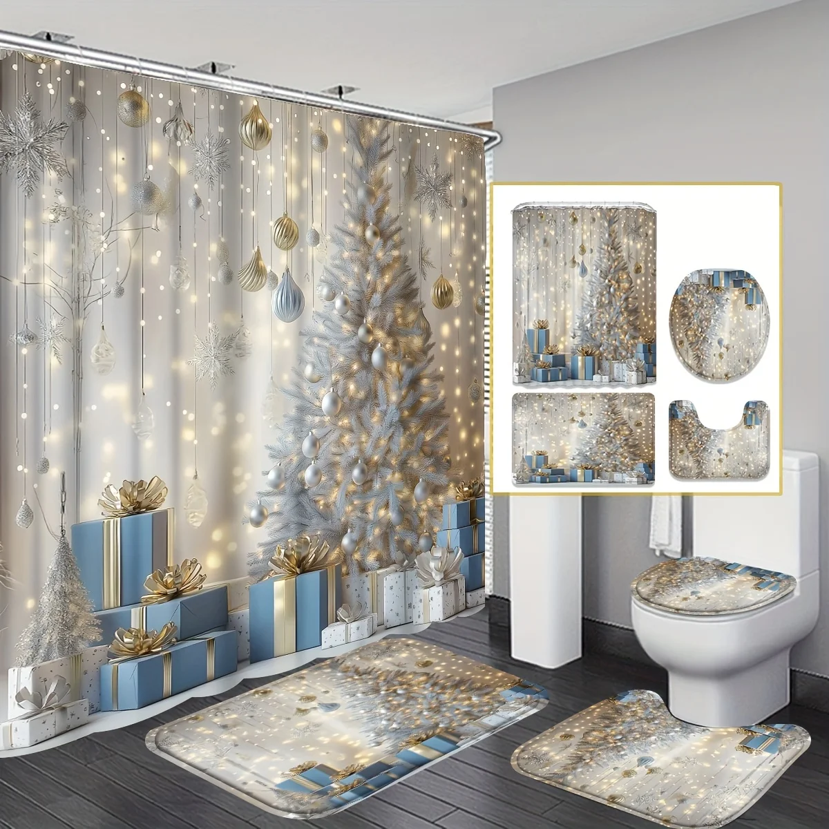 4Pcs Xmas Bath Set, White Silver Decor, 12 Hooks, Non-Slip Mat, U-Shaped Cover, Toilet Seat, Home Decor, Perfect Gift