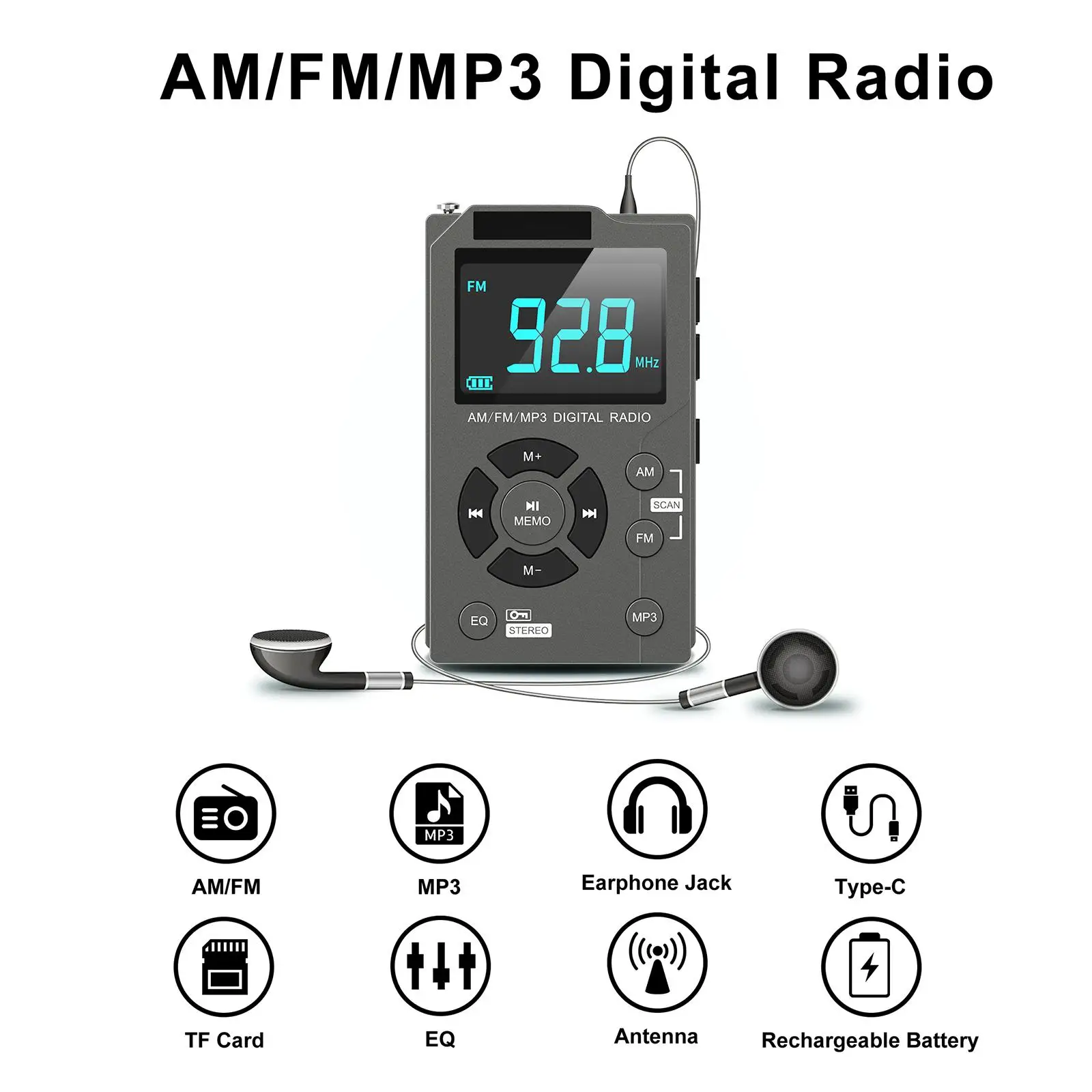 AM FM Radio Multifunctional Durable 600mAh Rechargeable AM/FM/MP3 Digital Radio Portable Radio for Outdoor Home Office Senior