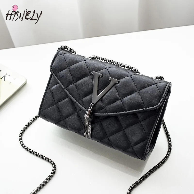 

Black Women's Commuter Bags Tassel Chain Crossbody Bag Plaid Ladies Shoulder Large Capacity PU Leather Handbag Quilted Square