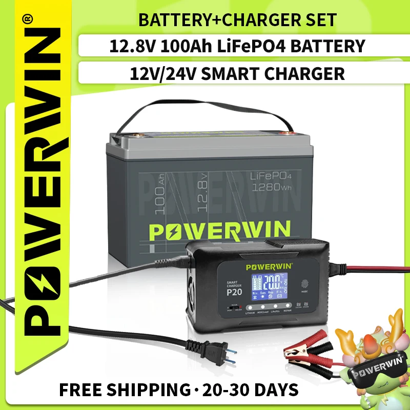Powerwin Bt100 Lifepo4 12v 100ah 1280wh P20 20a 12v20a 24v10a Carregador Inteligente Automático Lcd Agm Chumbo-ácido Lítio Reparo de Pulso