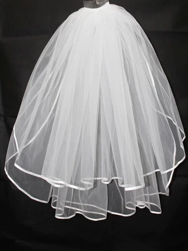 

Fashion Simple Cheap White Wedding Veil Satin Edge One Layer Wedding Accessory Bridal