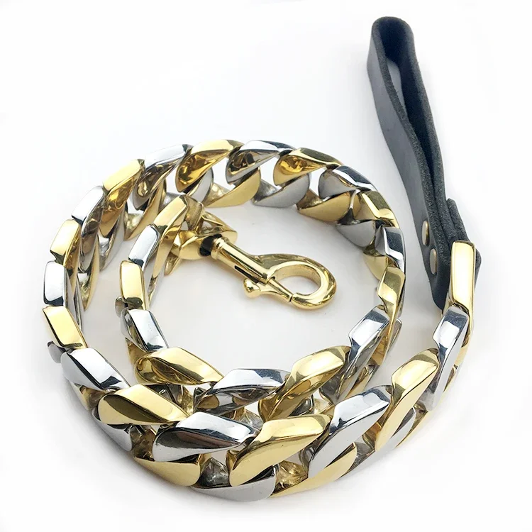

Luxury Heavy Duty Gold & Silver Cuban Link Chain Dog Leash Stainless Steel Leather Handle Big Pet Leash Chains