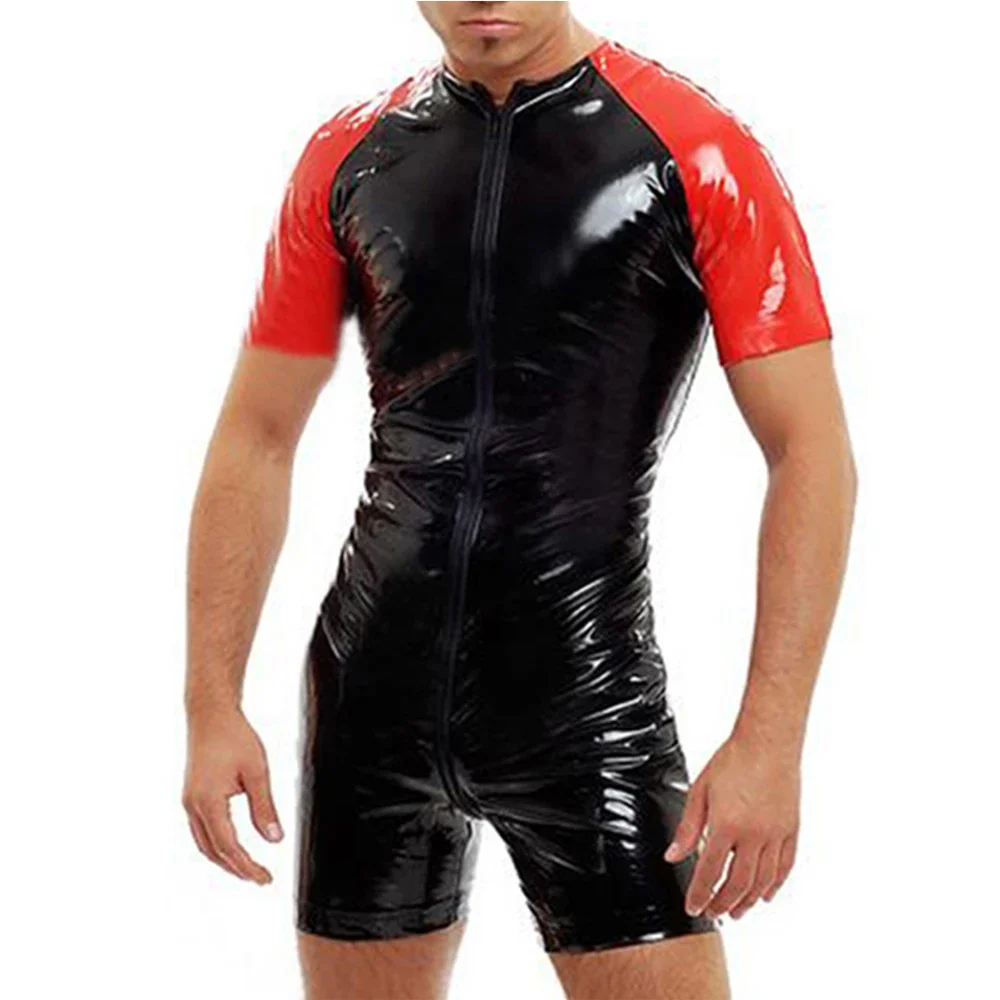 Men Sexy Leather Bodysuit Zipper Open Crotch For Sex Glossy PVC Leather Shiny Latex Leotard Crotchless