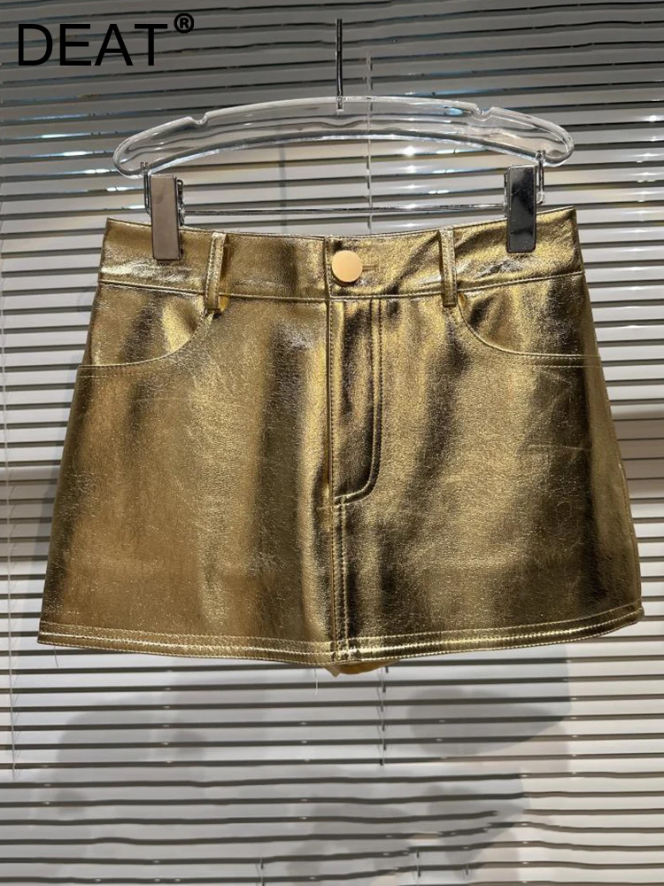 DEAT Fashion PU Leather Mini Skirt Women's Causal Shiny Solid Color High Waist Wrap Hip Skirts Female 2025 Spring New 11XX1224