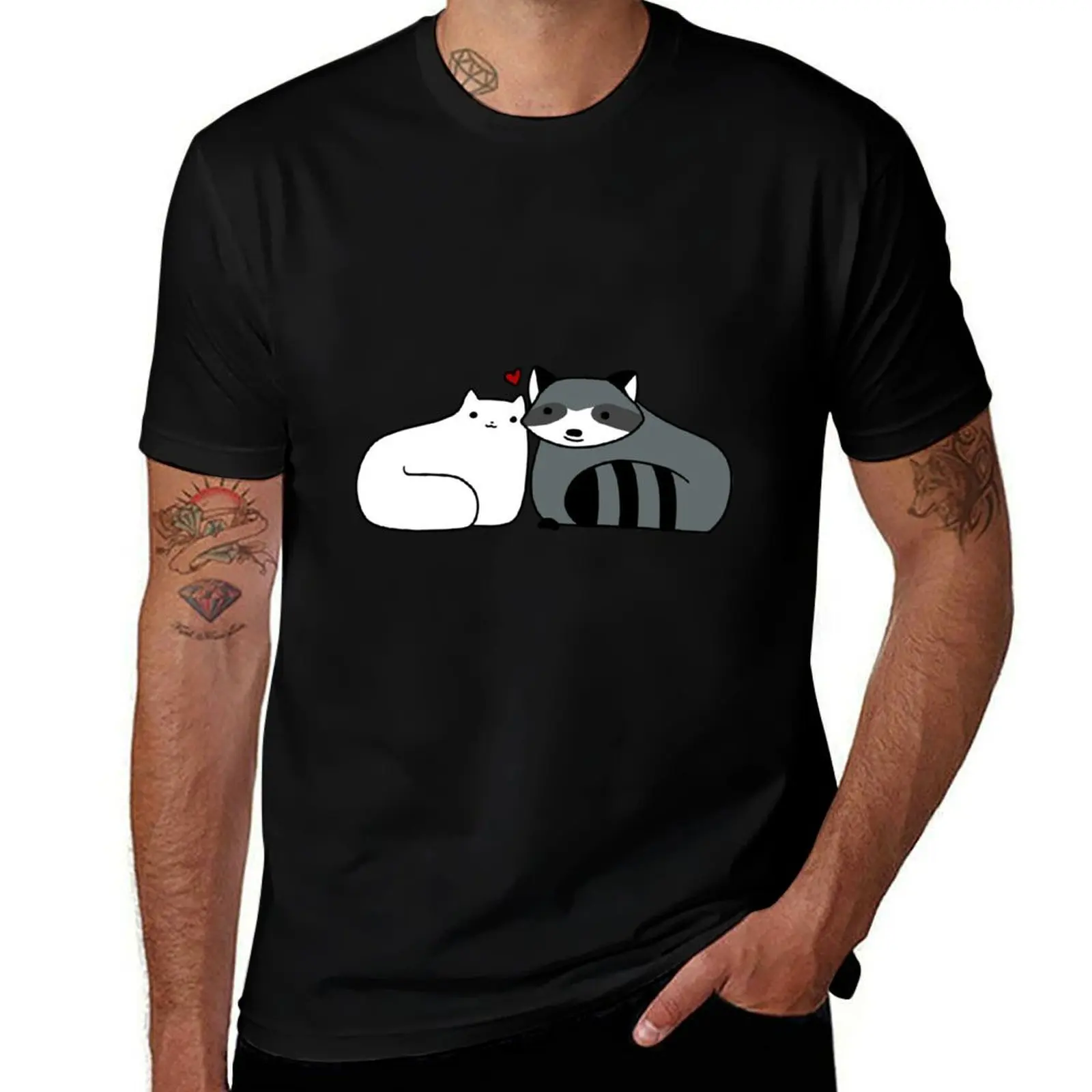

Raccoon and Cat Love T-Shirt t shirt man plain t shirts for man graphic funny T-Shirt