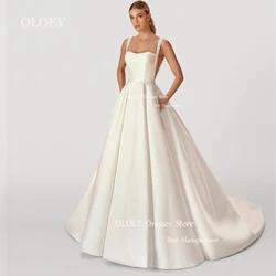 OLOEY Simple Satin Wedding Dresses Pearls Spaghetti Straps Floor Length A Line Bride Gowns Button Customized Vestido De Noiva