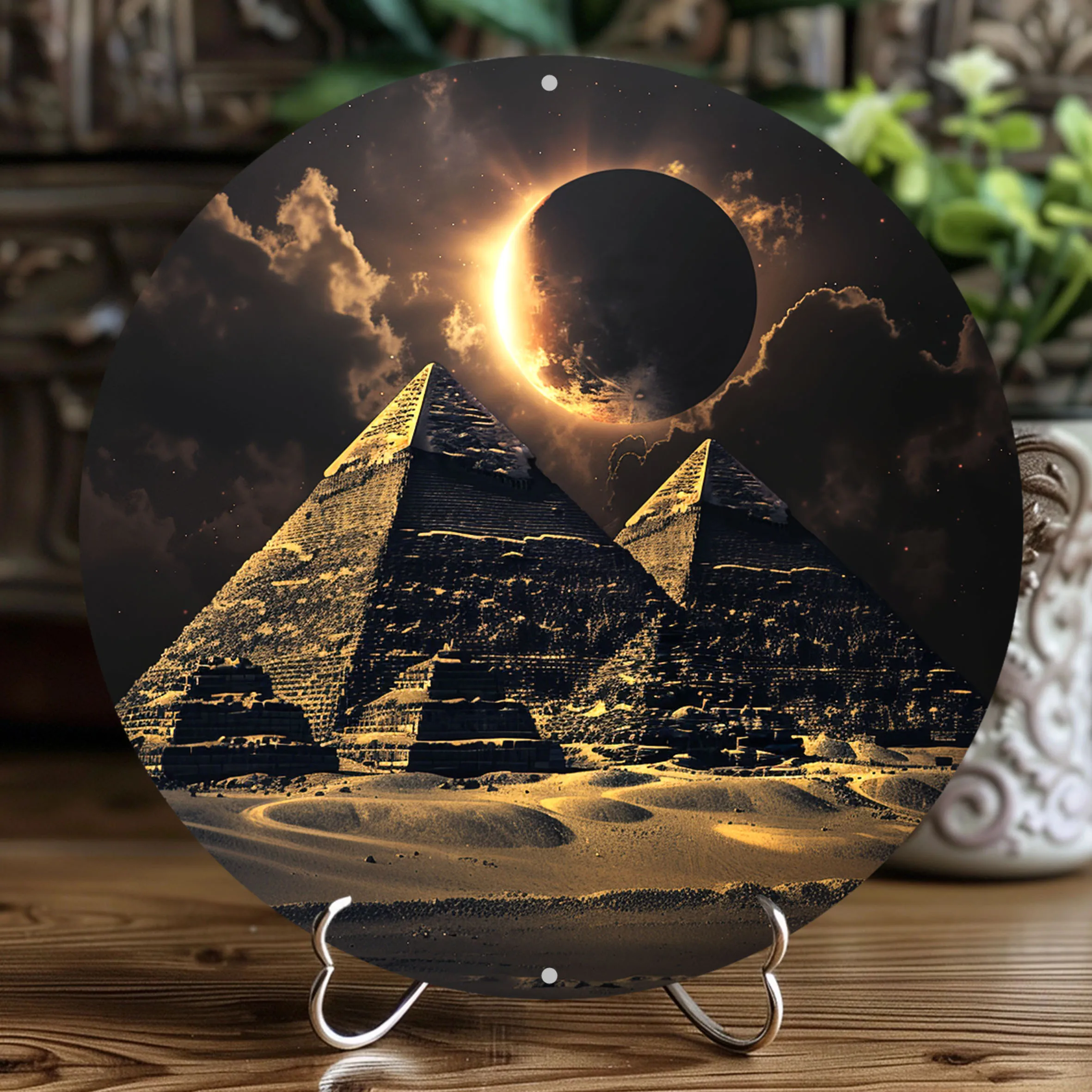 2D FlatEgyptian Eclipse Aluminium-Wandschild – 20,3 cm rundes dekoratives Schild, kein Strom erforderlich, Wandbehang, Mehrzweck,