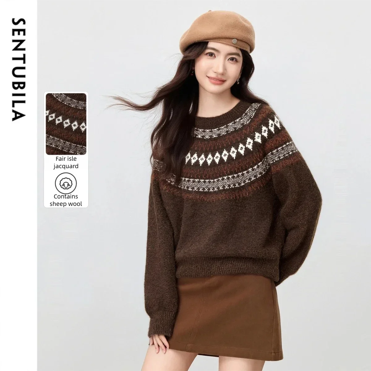 

SENTUBILA женский вязаный свитер в стиле ретро Fair Isle с круглым вырезом, свободный жаккардовый пуловер с геометрическим рисунком, зима 2025 года, повседневные топы в скандинавском стиле W54EE5737