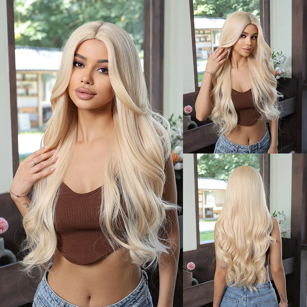 

White gold long wavy hair half-parted large wave wig, fashionable light gold synthetic fiber headpiece