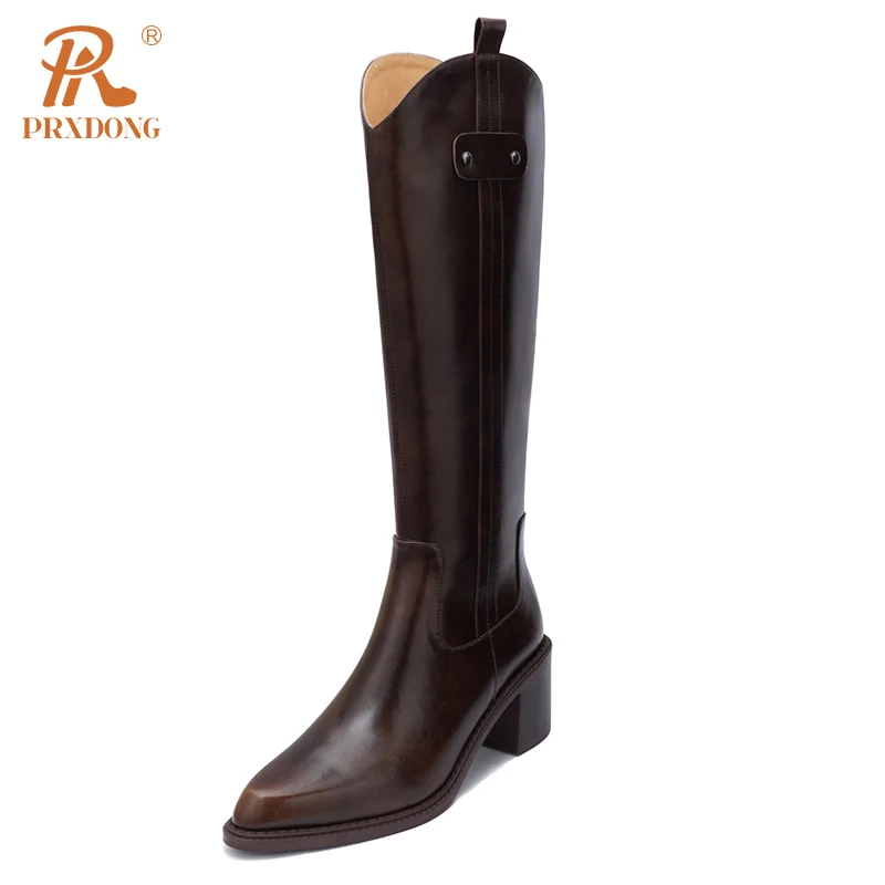 

INS 2024 New Classics Genuine Leather Square High Heels Pointed Toe Black Brown Zipper Dress Party Casual Female Knee High Boots