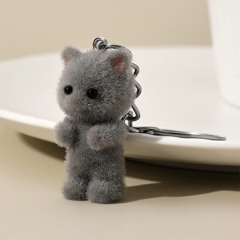 Lindo llavero de oso pequeño de gatito flocado 3D, colgante de teléfono móvil de pareja de gato de resina, llavero de coche, auriculares, mochila, dijes, decoración de bolsa