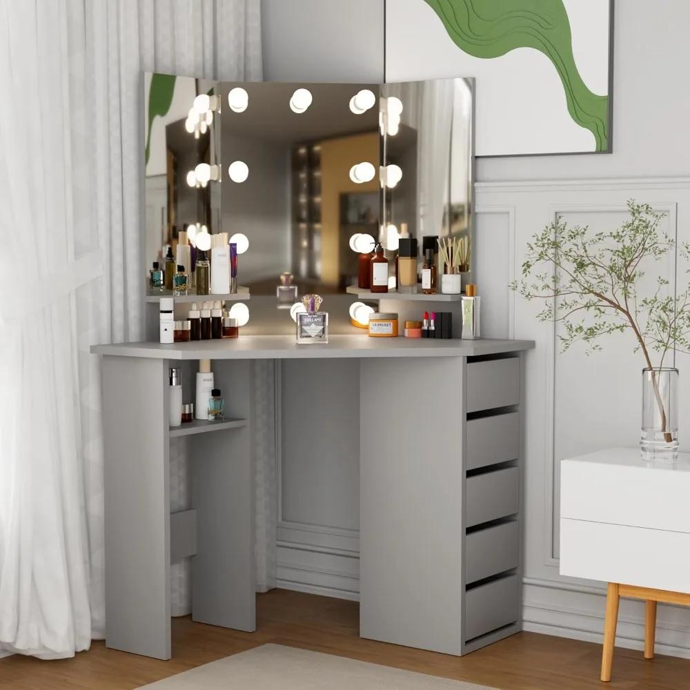 

Corner Makeup Vanity Desk with Mirror and Lights - Bedroom Vanity Table with Lighted Mirror 5 Drawers for Women Girls