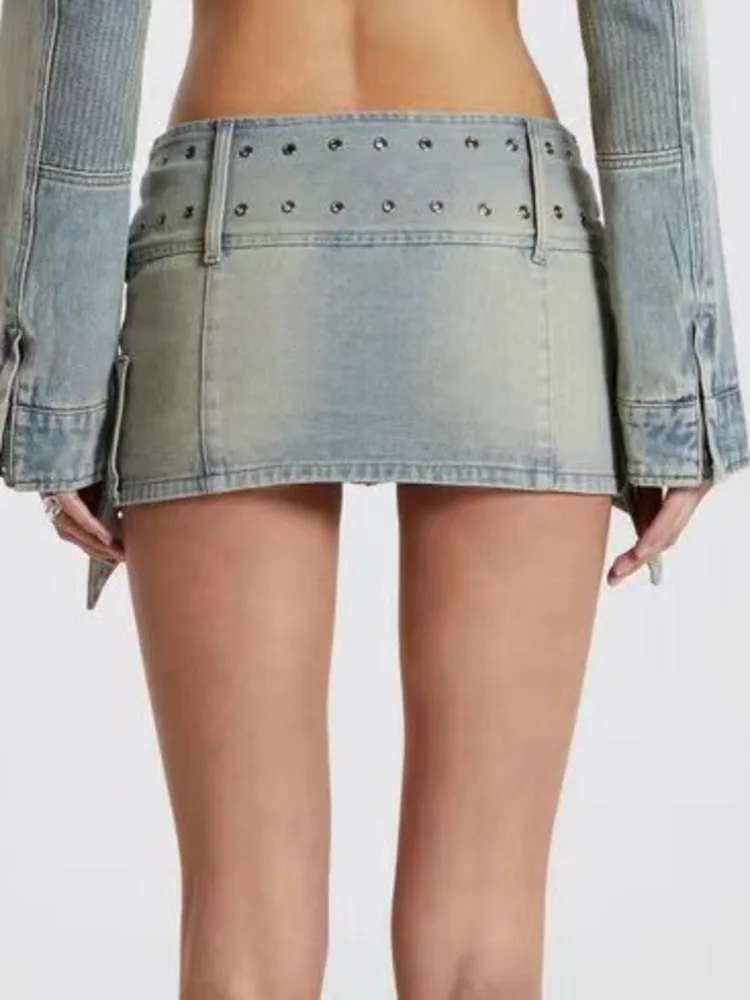 LGRQ Y2K Fashion Cross Belt Design Women Short Skirt High Street Wear 2024 Summer New Trendy Girl Sexy Mini Denim Jacket 19F1136