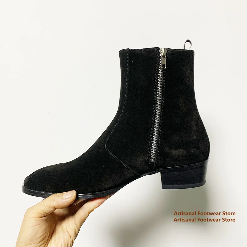 Black Suede Chelsea Boots Designer High-Top Height Increasing Men's Boots Solid Color Side Zipper Handmade Stylish Men Boots