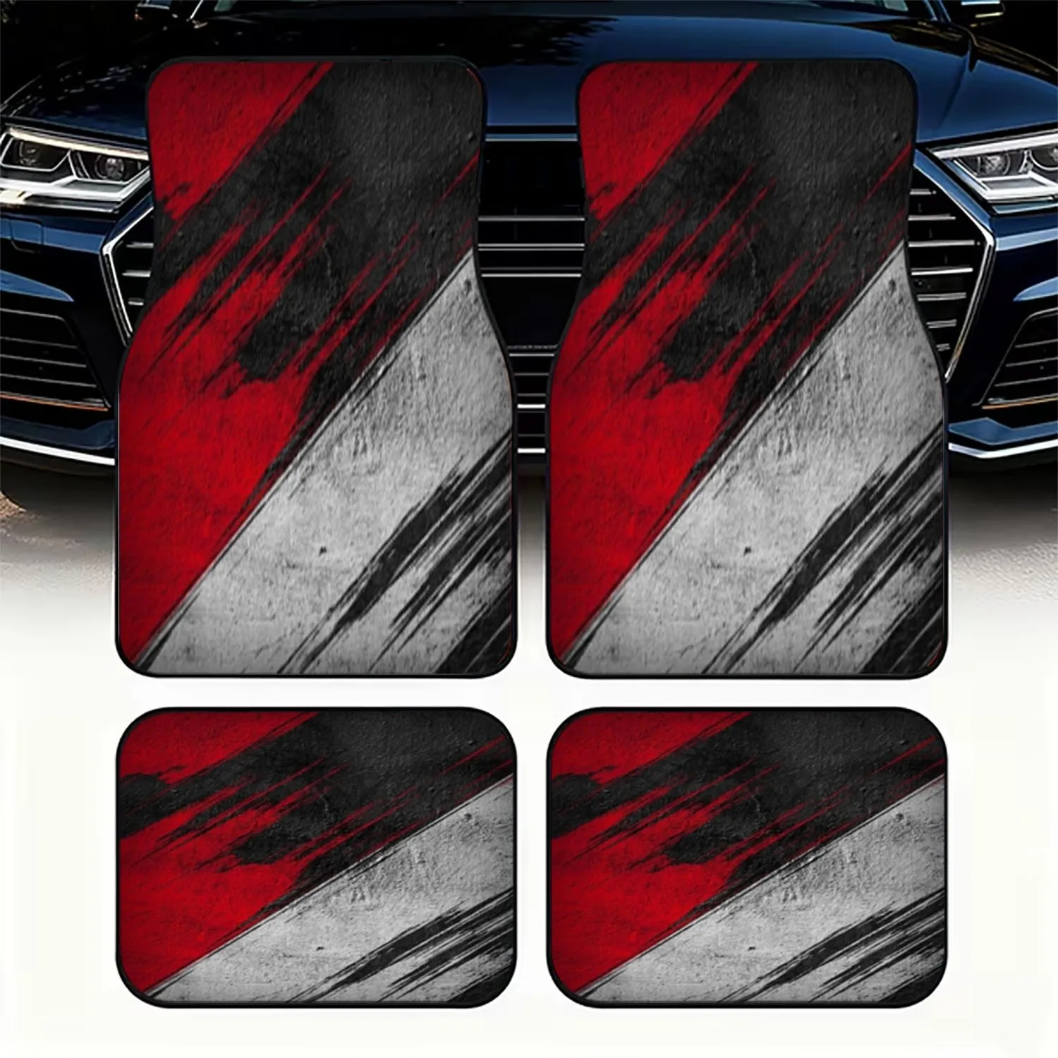4pcs Dynamic Abstract Car Floor Mats | Bold Red/Black/White Color Blocks, Diagonal Brush Strokes, Textured Gritty Look, Polyeste
