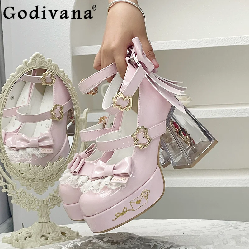 

Original Japanese Sweet Lolita Style Pink High Heels Autumn New Woman's Cute Bow Elegant Platform Shoes Lady Cos Tea Party Pumps