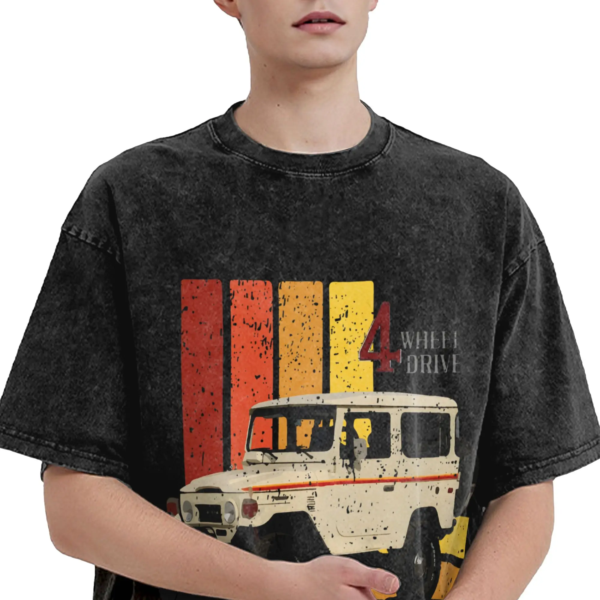 Retro Land Cruiser FJ40  Washed T Shirts Streetwear Hip Hop Vintage T-Shirts  Tees Tops Men Women Cotton Harajuku
