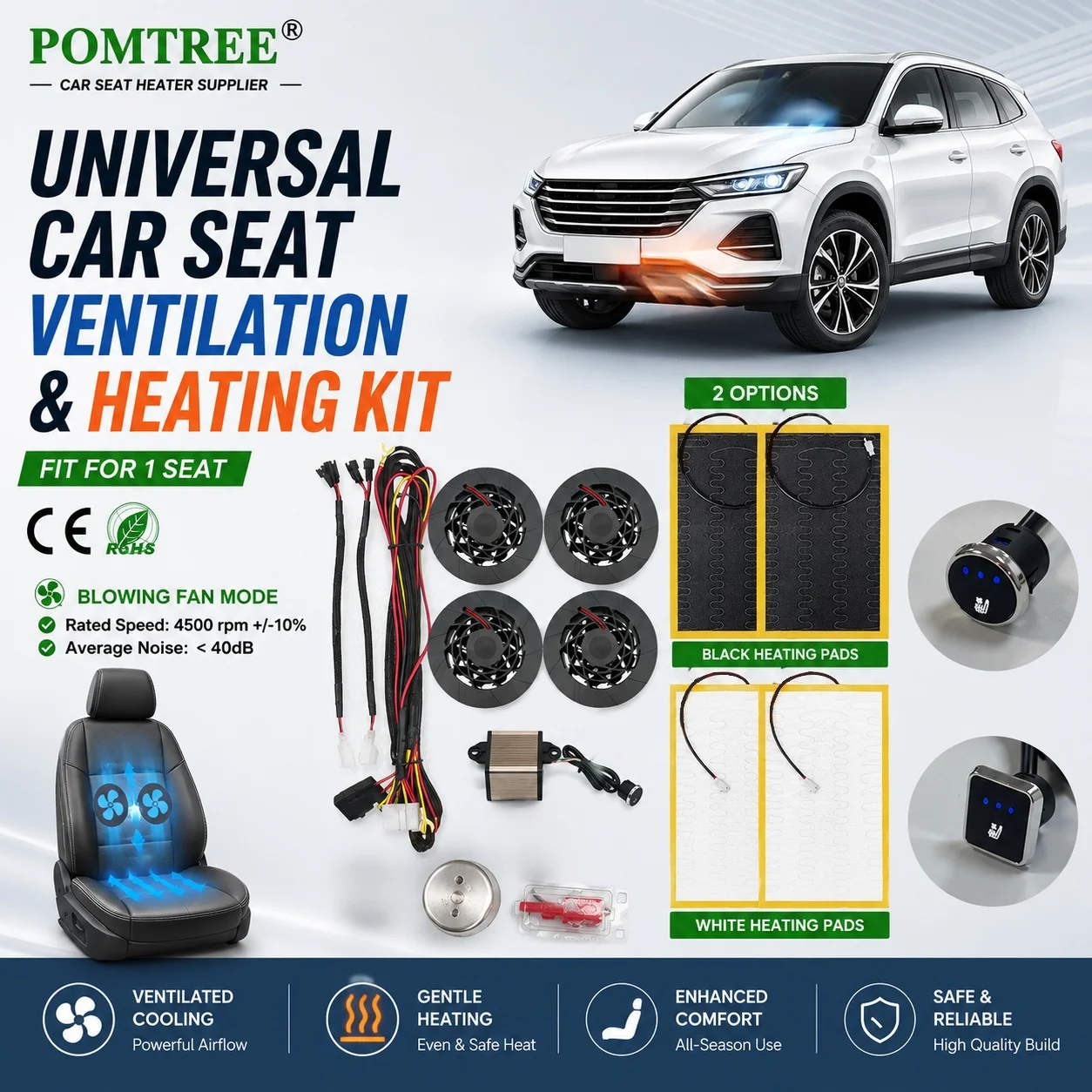 

Universal Mode DC 12V Built-in Car Seat Heating And Ventilation System Kit Fit 1 Seat,With Circle/Square 3-level Switch & Fans