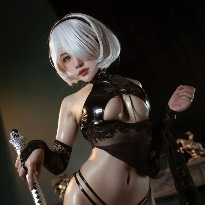 Nier Automata-Disfraz de Yorha 2B para mujer, lencería Sexy ahuecada, conjunto de Cheongsam y laca de red