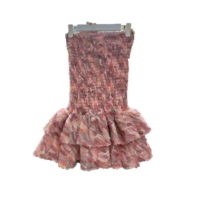 2025 primavera e verão francês novo tubo superior elástico envoltório camada plissado vestido curto para mulher