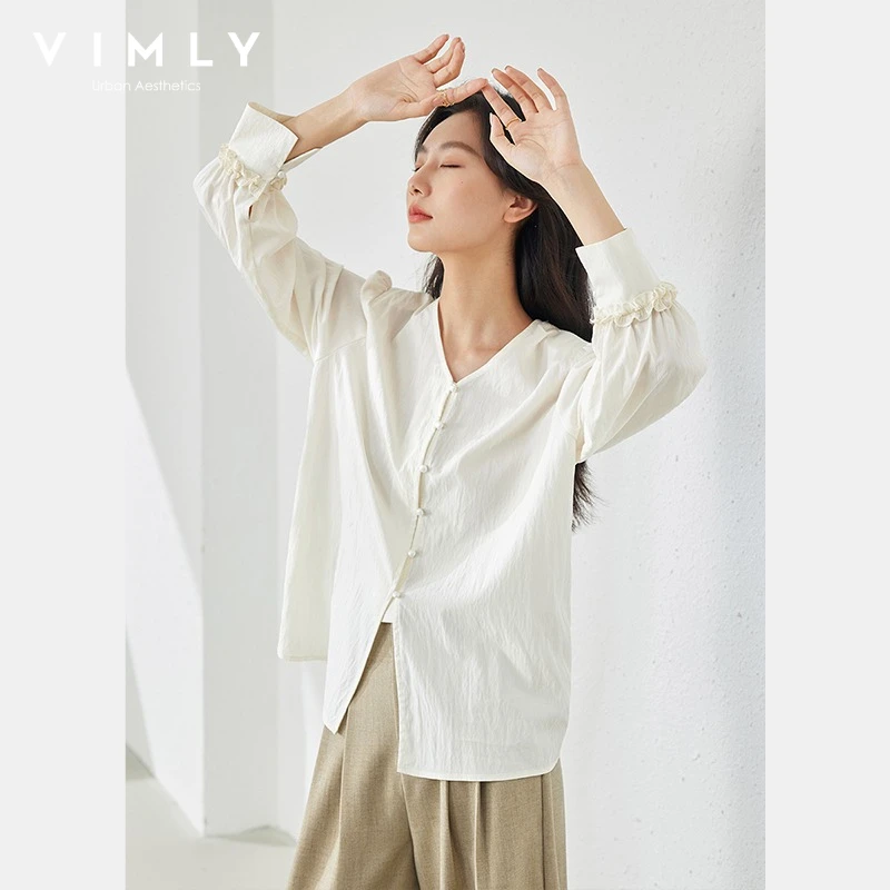 

VIMLY Women's White V-Neck Blouse 2026 Spring New Elegant Pearl Buttons Ruffled Patchwork Cuffs Long Sleeve Loose Shirt M3962