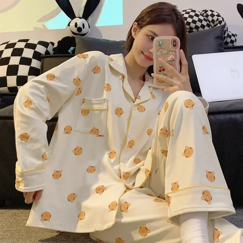 Female Cute Cartoon Soft Pyjamas Services Home Set Turn-down Long Pajamas Sleepwear Sleeves Suit Collar Womens Homewear