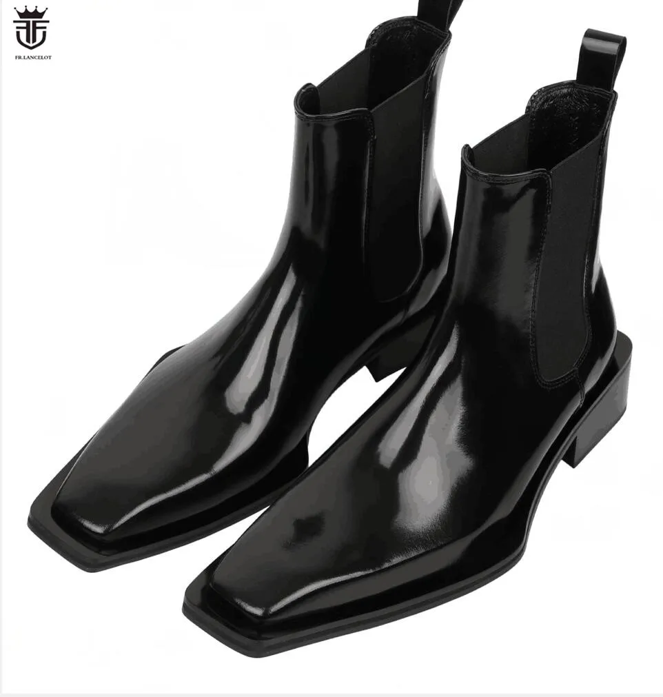 Fashion mens mujer botas Black real leather boots Slip On ankle booties male party shoes square toe men boots thick heel