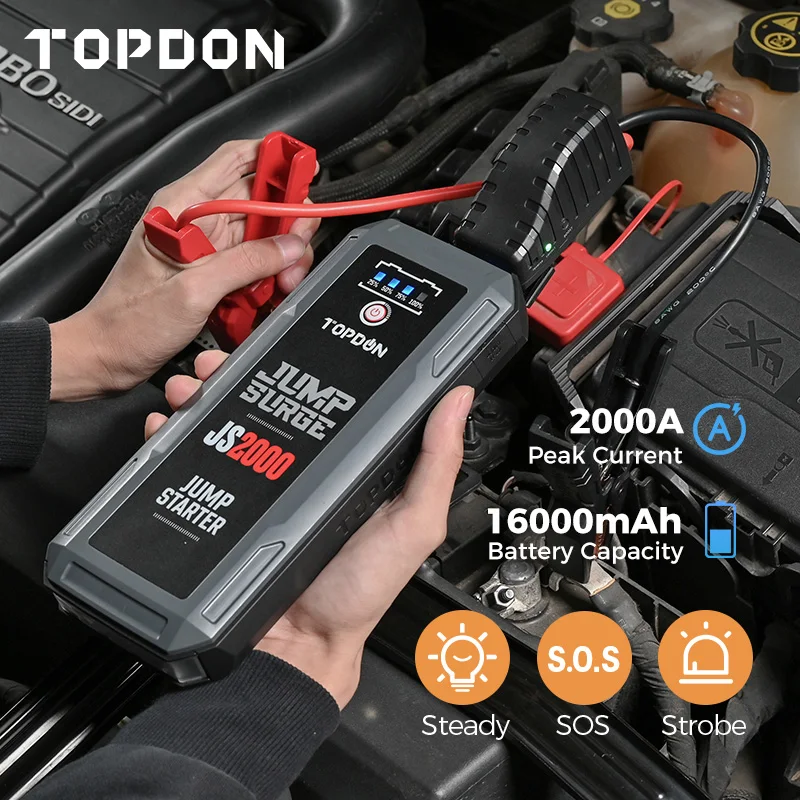 TOPDON JS2000 2000A Jump Starter 12V Power Bank Car Starting Device 16000Mah For 8.0L/6.0L Emergency Car Battery Jump Starter