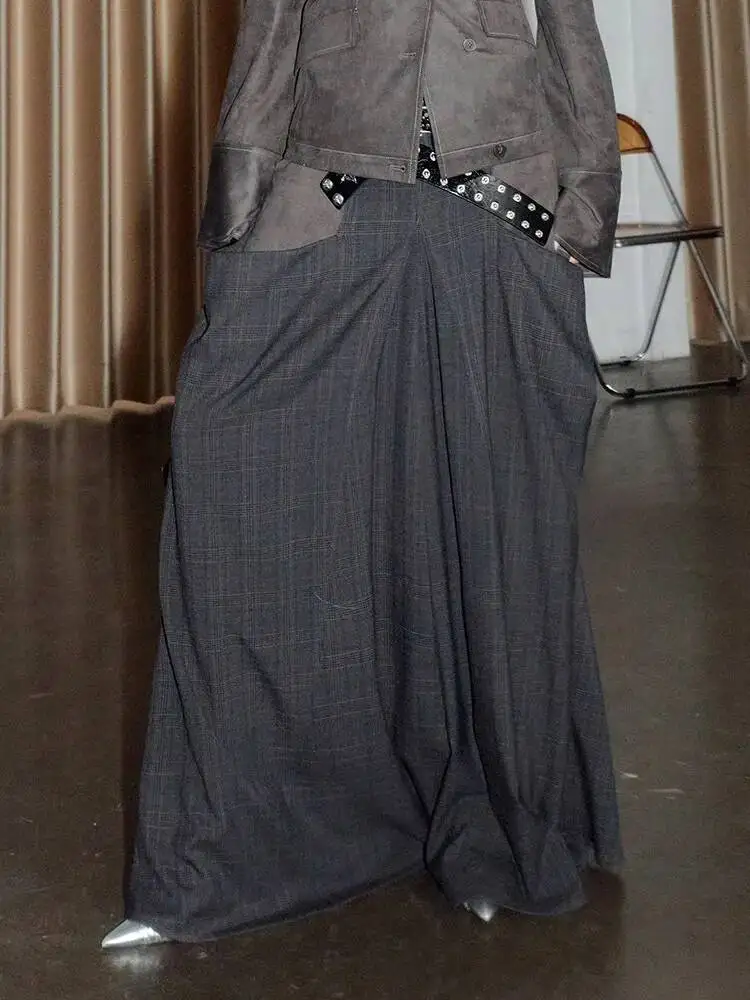 Gray High Waist Plaid Shaped Color-block Vintage A-line Half-body Skirt Women Fashion  New Spring Autumn 2026 MA2F