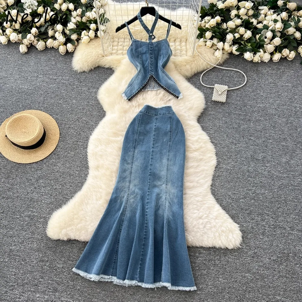 

Neploe American Irregular Slim Set Tassels Sling Mermaid Bodycon High Waist Mujer Faldas Denim Pure Desire Spice Girl Suit Skirt