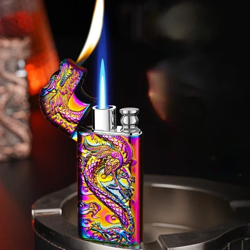 New Double Flame Modified Gas Lighter Metal Three-Dimensional Embossed Dragon Straight Torch Lighter Cigarette Accessories