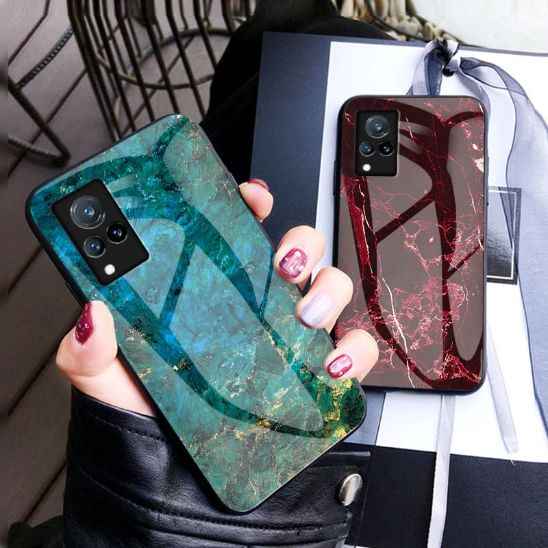 

Vivo V21 5G V2050 Case Marble Grain Tempered Glass Hard Cover Back Phone Case Silicone Bumper for vivo V21 VivoV21 5G V2050